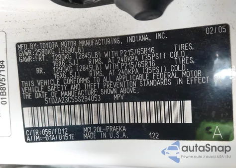 2005 Toyota Sienna Ce z USA, uszkodzony, nr VIN 5TDZA23C55S294053